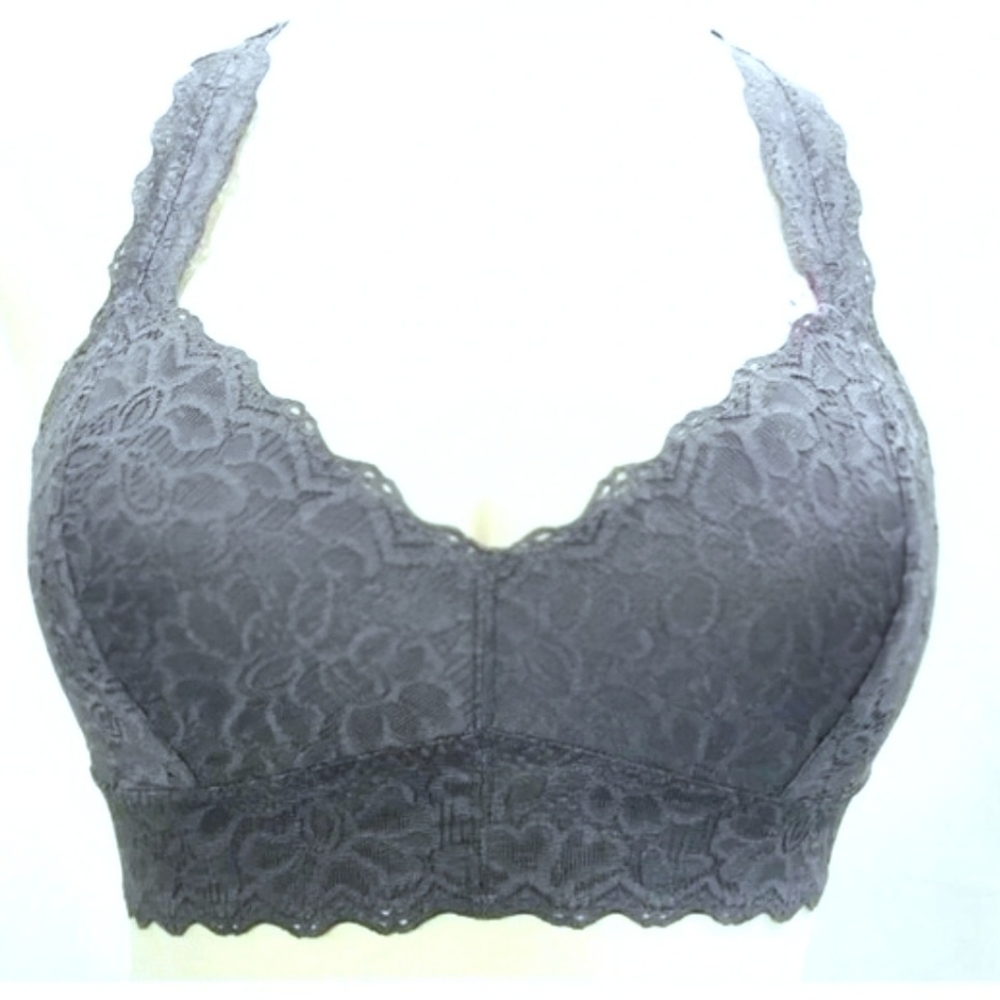 SMALL Jezebel 28044 Racerback Wire Free Lace‎ Bralette Castlerock Gray NWT